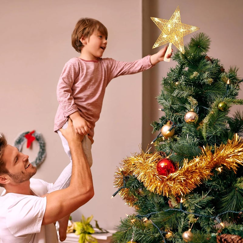 BRIZLER Gold Christmas Tree Topper, 9“ Hollow-Out Star Tree Topper with 10 Warm White Lights, Pre-lit 5 Point Star Treetop, 120V UL Listed Lighted Treetop for Christmas Tree Home Decoration - Image 2